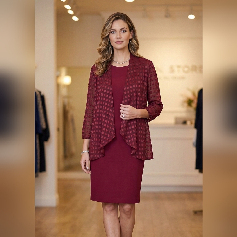 Vintage VI Petite 2 Piece Classic Burgundy Midi Dress with Sheer Overlay Size 16